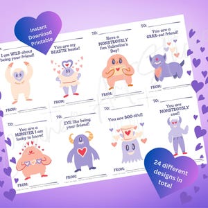 Druckbare Monster Freund Valentinstag Karten, sofortiger Download, Kinder Klassenzimmer Karten, Senioren Gemeinschaftskarten, Geschenkkarten für Kinder Party