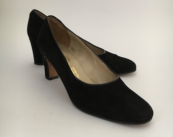 Vintage Italian Black Suede Mid Heel Shoes, EU Size 40