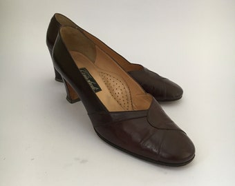 Vintage bruine leren schoenen met halfhoge hak, gemaakt in Italië, EU-maat 40
