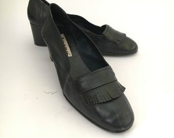 Vintage Italian Leather Block Heel Shoes - Navy Blue, EU Size 40