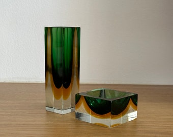 Vintage Murano Sommerso Glass Vase and Ashtray Set, Emerald Green & Yellow, Mid-Century Modern