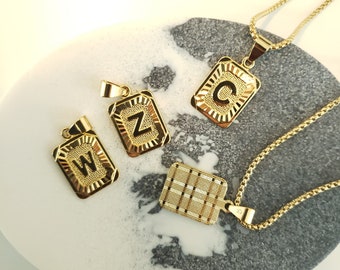 18K Gold Initial Alphabet Letter Rectangle Minimalist Medallion Layering Necklace A-Z