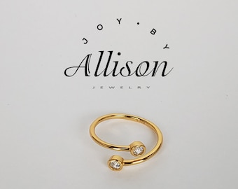 Gold Ring w/ Zircon Charm - Adjustable Dainty Sterling Silver Ring w/ Crystal Opening | Wedding Anniversary Gift Idea for Her