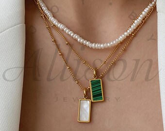Gold Plated Gemstone Necklace - Minimalist Malachite, Abalone Shell & Natural Shell Pendant | Birthday Gift