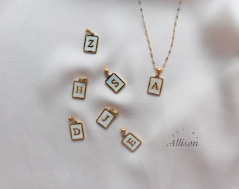 Mother of Pearl Initial Necklace: 18K Gold PVD, Rectangular Pendant