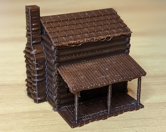 N-Scale - Small 2 Story Log Cabin with Front Porch - Detailed Interior 1:160