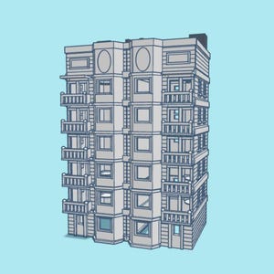 Puede incluir: Un edificio de apartamentos gris de varios pisos con balcones y ventanas. El edificio tiene un diseño simple y moderno.