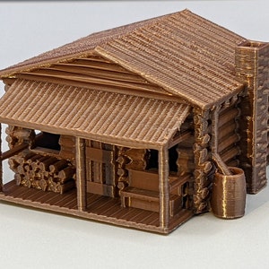 N-Scale - Small Log Cabin with Front Porch, benches - Highly Detailed Interior 1:160 Scale