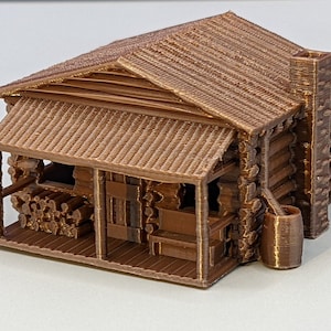 N-Scale - Small Log Cabin with Front Porch, benches - Highly Detailed Interior 1:160 Scale