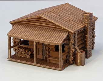 Maqueta de cabaña de troncos a escala N, con bancos detallados en el porche delantero - Maquetas de trenes a escala 1:160