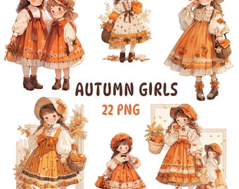 Autumn Girl Clipart - Watercolor Cute Girls wearing Autumn Fashion, Children Outfits Illustration, Cozy Cottagecore Outfits, Transparent PNG