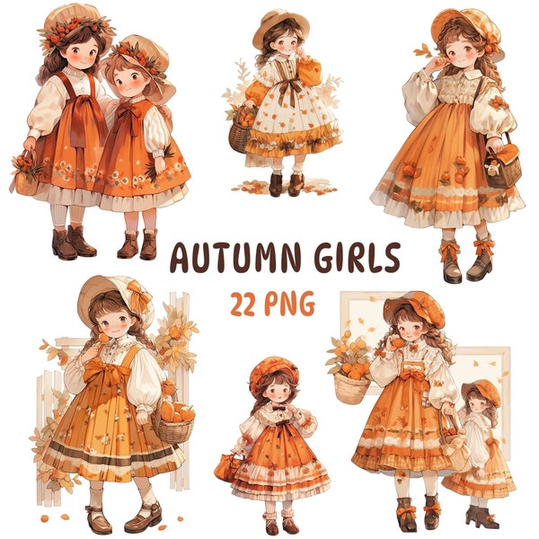 Autumn Girl Clipart - Watercolor Cute Girls wearing Autumn Fashion, Children Outfits Illustration, Cozy Cottagecore Outfits, Transparent PNG