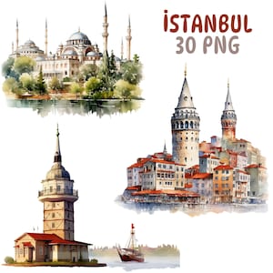 Acuarela Estambul Clipart, Torre de la Doncella, Monumentos de Türkiye Estambul, Viajes Vacaciones Impresión Digital Png, Alta Resolución, Uso comercial