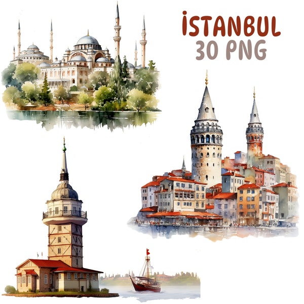 Watercolor İstanbul Clipart, Maiden's Tower, Türkiye Istanbul Landmarks, Travel Vacation Digital Print Png, High Resolution, Commercial use