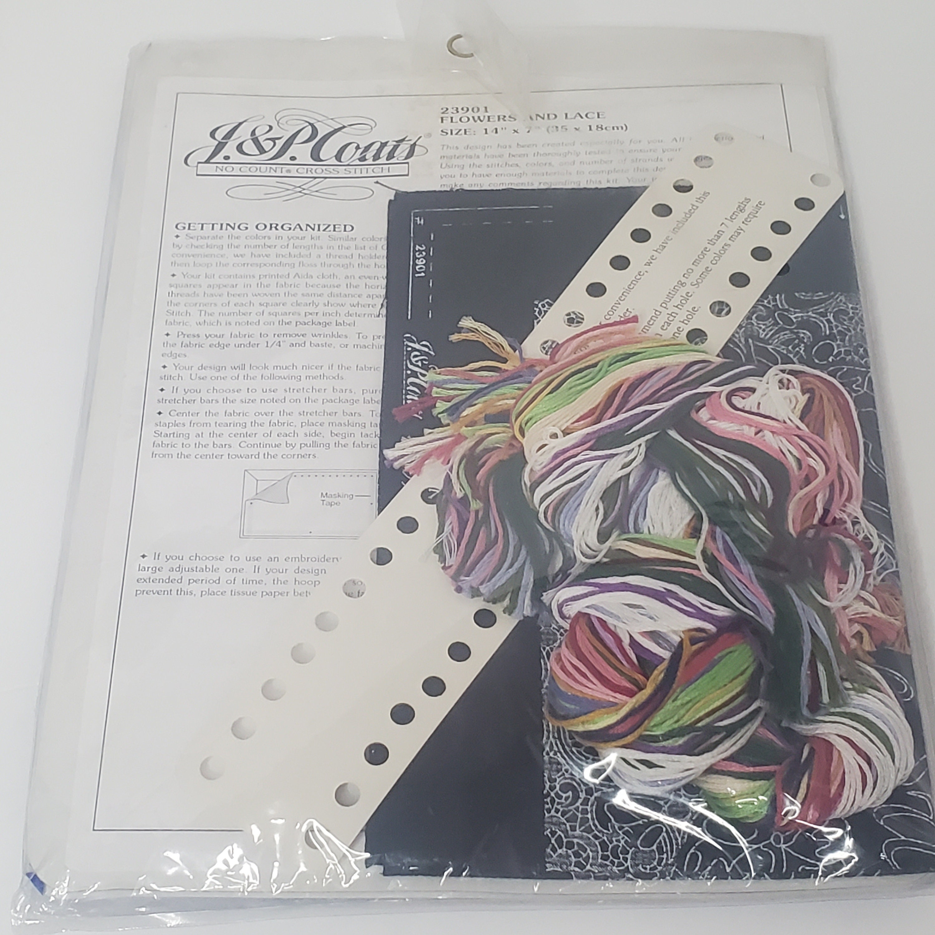 J&P Coats Flowers and Lace No Count Cross Stitch Kit Open Bag