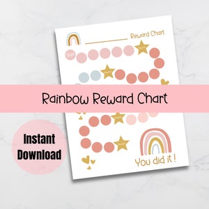May include: Printable rainbow reward chart with pink, blue, and gold stars. The chart has a rainbow at the bottom with the text "You did it!"