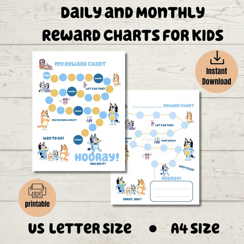Puede incluir: Cartas de recompensa imprimibles para ni&ntilde;os con los personajes del programa Bluey. Las cartas est&aacute;n dise&ntilde;adas para uso diario y mensual. Las cartas est&aacute;n en tama&ntilde;o carta de EE. UU. y A4.