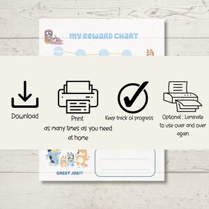 Puede incluir: Un gr&aacute;fico de recompensas imprimible con perros de dibujos animados. El gr&aacute;fico tiene una barra de progreso con espacios para pegatinas o sellos. El texto "My Reward Chart" est&aacute; en la parte superior del gr&aacute;fico. El gr&aacute;fico tambi&eacute;n incluye instrucciones para descargar, imprimir y plastificar el gr&aacute;fico.