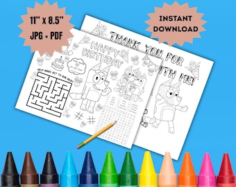 BLUEY geïnspireerd activiteitenblad - themakleurplaten voor kinderen - klasactiviteit - Bluey Party Favor - kinderen kleuren - instant download
