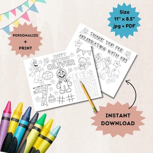 Hojas para colorear de Mario personalizadas - Hojas para colorear para fiestas de cumpleaños - Regalos para fiestas infantiles - Actividad para fiestas de cumpleaños - Imprimible de videojuegos