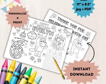 Gepersonaliseerde op BLUEY geïnspireerd activiteitenblad - themakleurplaten voor kinderen - activiteit in de klas - Bluey Party Favor - Kleurplaten kinderen