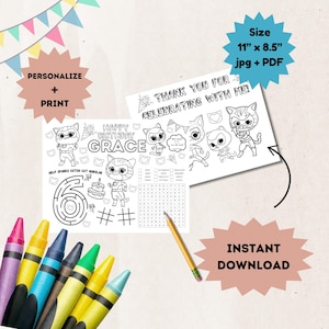 Personalized Super Kitties inspired Activity Sheet - Themed Coloring sheets for kids -  Classroom Activity - printable party favor