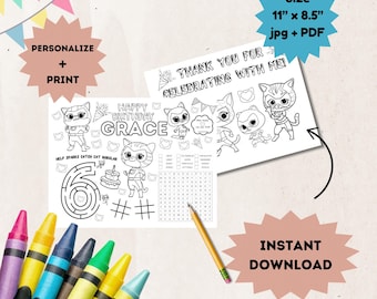 Personalized Super Kitties inspired Activity Sheet - Themed Coloring sheets for kids -  Classroom Activity - printable party favor