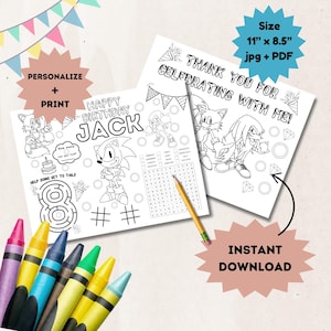 Personalized Sonic inspired Coloring Sheets -  Coloring sheets for birthday parties - kids party favors  - Sonic printable