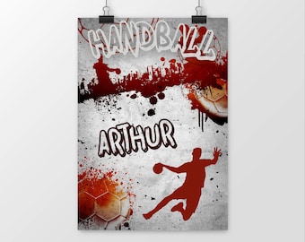 Personalized Handball poster with first name | Poster for wall decoration in children's and teenagers' rooms | To be framed