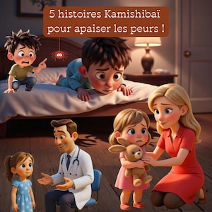 Peut inclure: Image illustrée avec le texte "5 histoires Kamishibaï pour apaiser les peurs !" montrant des enfants et des adultes de dessins animés dans une pièce. La scène représente un médecin, une mère et des enfants, avec une illustration d'araignée.
