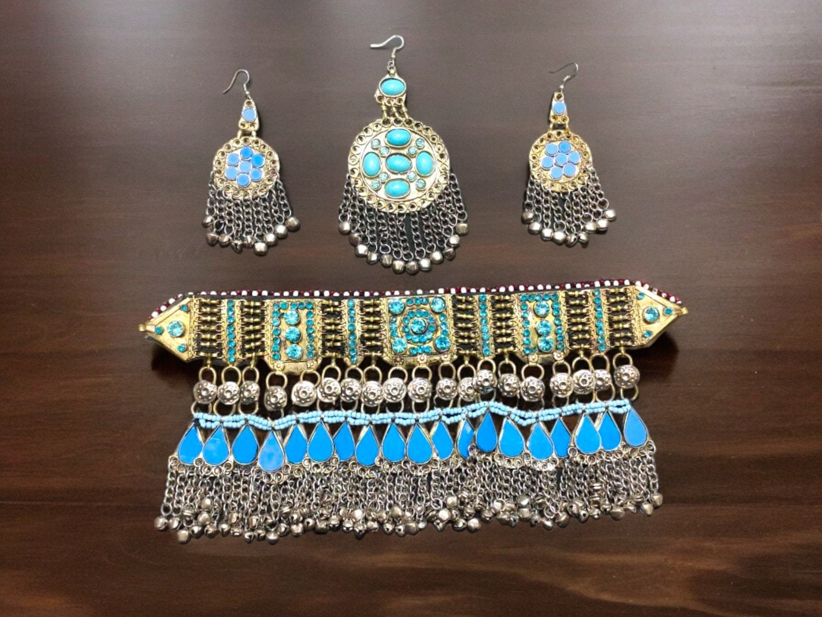 Exquisite Afghani Jewelry Set Which Includes Tikka, Necklace, and