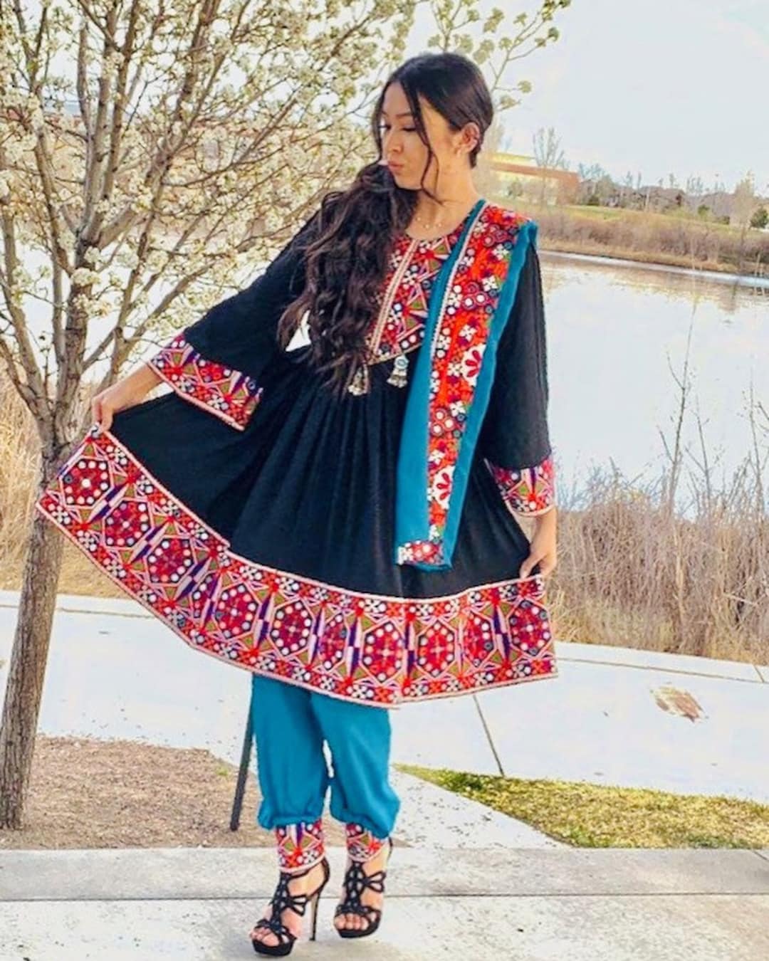 EL-PO3]パキスタン民族衣装 ミラーワーク 刺繍アナルカリ 小花