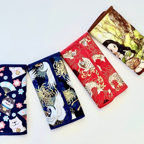 Handmade Crochet Tools Organizer Case with Crowned Crane, Shiba Inu, Koi Fish, and Fairy Tale Prints Crochet Hook Pouch For Organization