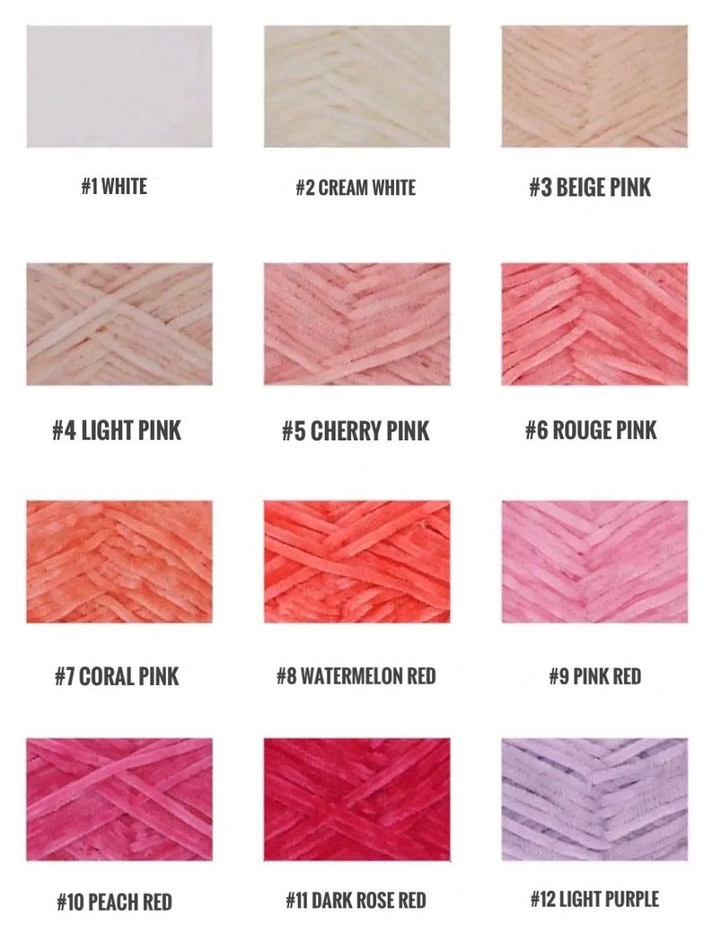 May include: Twelve yarn samples in various shades of pink, red, white, and purple. The yarn is arranged in a grid pattern with each sample labeled with a number and color name.