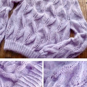 Peut inclure: Un pull en maille doux de couleur lavande avec un motif d&eacute;licat de feuilles. Le pull est ample et l&eacute;g&egrave;rement court.
