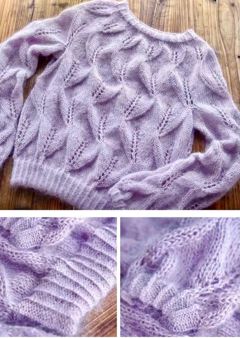 Peut inclure: Un pull en maille doux de couleur lavande avec un motif d&eacute;licat de feuilles. Le pull est ample et l&eacute;g&egrave;rement court.