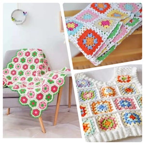 Pu&ograve; includere: Tre coperte all'uncinetto con un motivo a quadrati della nonna in vari colori, tra cui rosa, verde, blu, arancione e giallo. Le coperte sono realizzate con un filo bianco e presentano una variet&agrave; di motivi floreali.