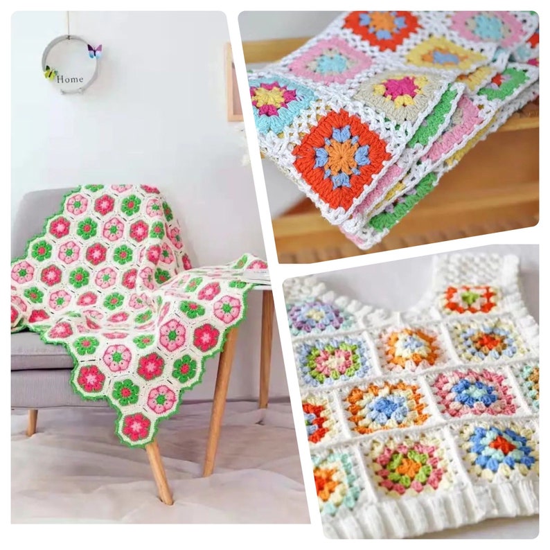 Pu&ograve; includere: Tre coperte all'uncinetto con un motivo a quadrati della nonna in vari colori, tra cui rosa, verde, blu, arancione e giallo. Le coperte sono realizzate con un filo bianco e presentano una variet&agrave; di motivi floreali.
