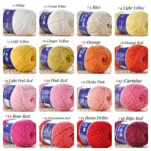 Pu&ograve; includere: Una collezione di 16 gomitoli di filato in vari colori, tra cui bianco, crema, giallo, arancione, rosa e rosso. Ogni gomitolo &egrave; etichettato con un numero e un nome di colore.