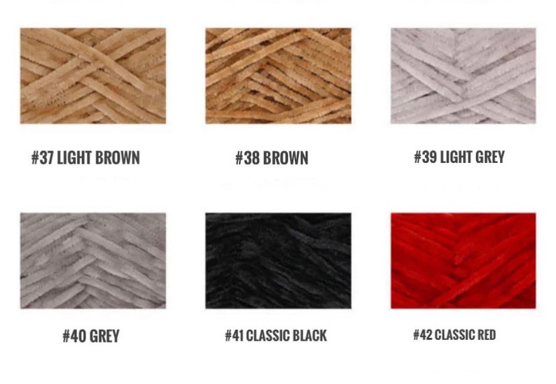 May include: Six skeins of yarn in different colors: light brown, brown, light grey, grey, black, and red. Each skein is labeled with a number and color name.