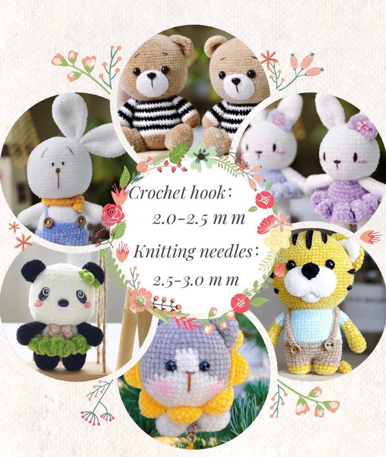 May include: A collection of crocheted stuffed animals, including a panda, a tiger, a cat, a bunny, and two bears. The animals are all wearing different outfits and have different expressions. The image also includes text that says "Crochet hook: 2.0-2.5 mm" and "Knitting needles: 2.5-3.0 mm".
