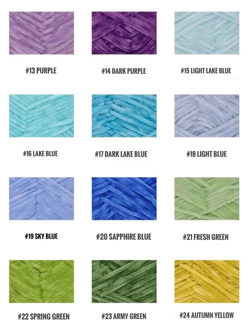 May include: A color chart of yarn samples in various shades of purple, blue, green, and yellow. The yarn is a fuzzy, textured type. Each sample is labeled with a number and color name.