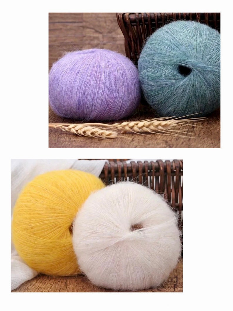 Peut inclure: Quatre pelotes de laine de diff&eacute;rentes couleurs&nbsp;: violet clair, bleu clair, jaune et blanc. La laine est douce et moelleuse, id&eacute;ale pour le tricot ou le crochet.