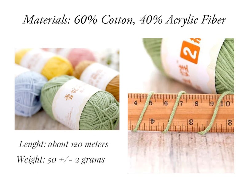 Puede incluir: Varios ovillos de hilo de colores, incluyendo verde, amarillo y azul. La imagen tambi&eacute;n muestra un primer plano de hilo verde con una regla. El texto dice "Materiales: 60% Algod&oacute;n, 40% Fibra Acr&iacute;lica", "Longitud: unos 120 metros" y "Peso: 50 +/- 2 gramos".
