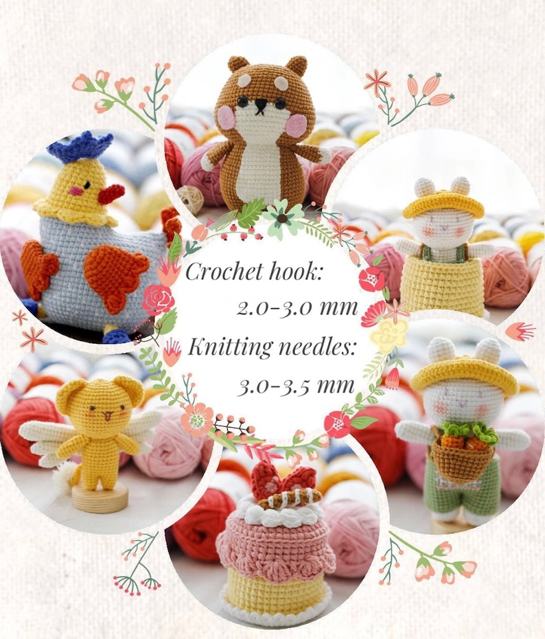 Puede incluir: Una colecci&oacute;n de figuras amigurumi de ganchillo hechas a mano, incluyendo un perro, un conejo, un oso y un pastel. La imagen incluye el texto: "Crochet hook: 2.0-3.0 mm" y "Knitting needles: 3.0-3.5 mm."