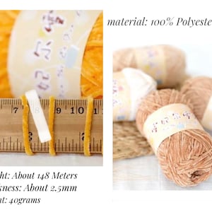 May include: A skein of yellow yarn with a label that reads "妃尔" and a ruler showing the yarn is 148 meters long. The yarn is 2.5 mm thick and weighs 40 grams. The material is 100% polyester fiber.