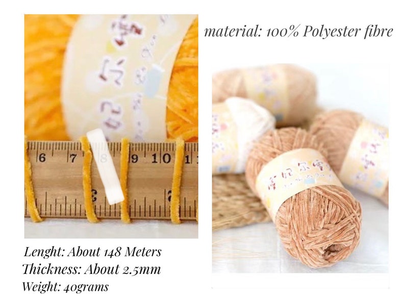 May include: A skein of yellow yarn with a label that reads "妃尔" and a ruler showing the yarn is 148 meters long. The yarn is 2.5 mm thick and weighs 40 grams. The material is 100% polyester fiber.
