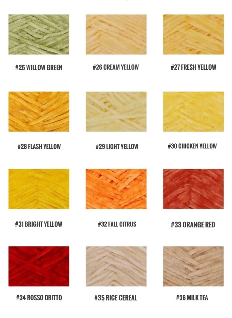 May include: A collection of yarn samples in various shades of yellow, green, orange, and red. The yarn is arranged in a grid pattern with each color labeled with a number and a descriptive name.