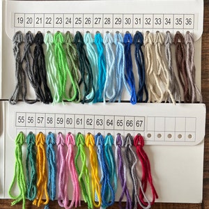 Pu&ograve; includere: Una cartella colori con campioni di filato numerati da 19 a 36 e da 55 a 67. I campioni di filato sono disposti in file e sono di vari colori, tra cui nero, verde, blu, rosso e giallo.