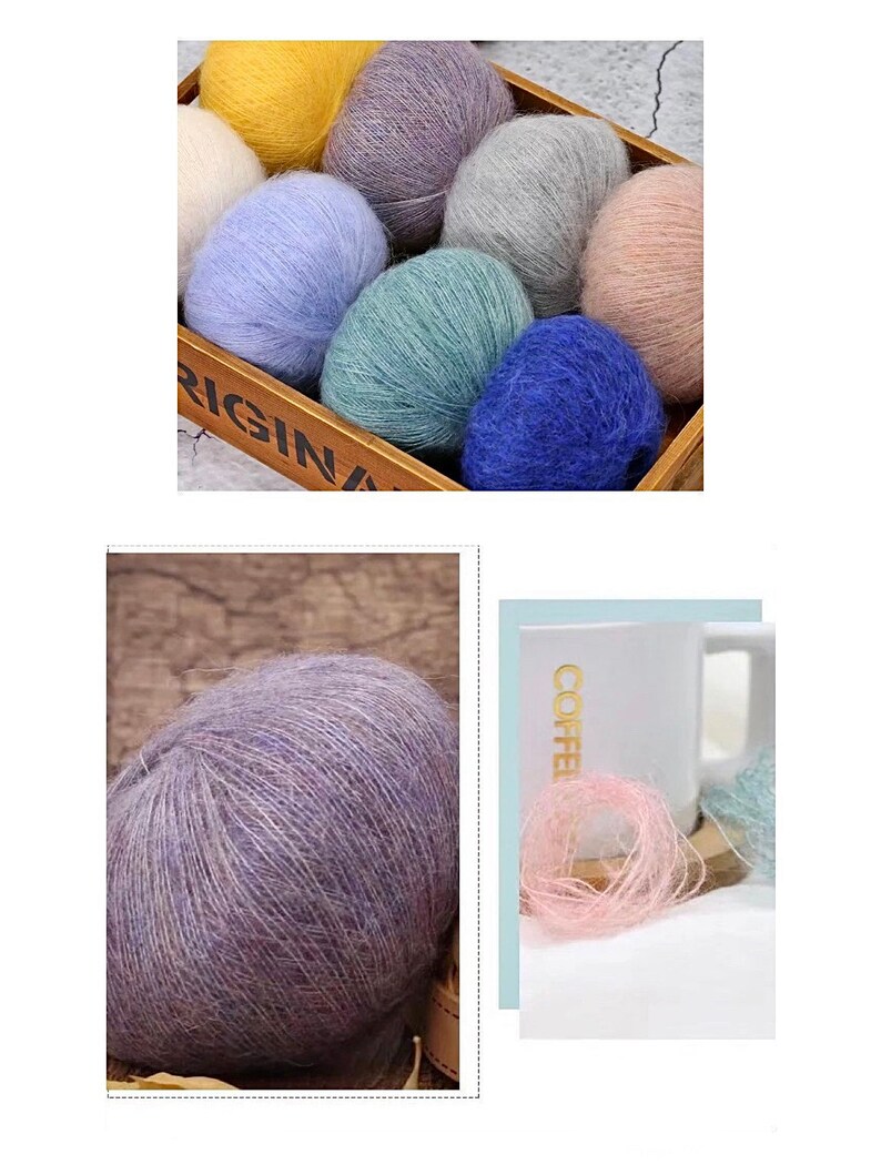 Peut inclure: Une collection de pelotes de laine color&eacute;es dans une bo&icirc;te en bois, avec une seule pelote de laine violette sur une surface en bois. La laine est douce et moelleuse, id&eacute;ale pour le tricot ou le crochet.